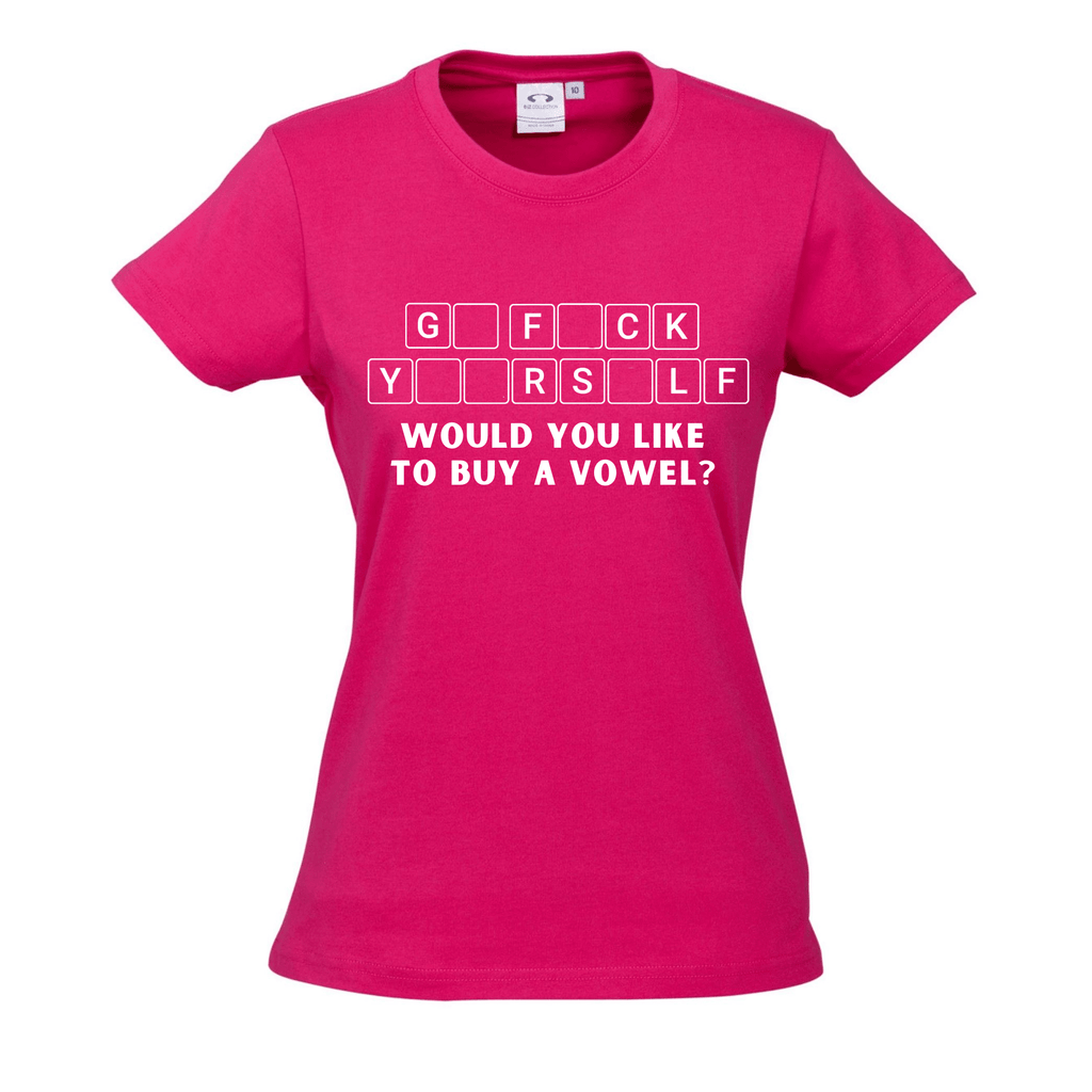 G* F*CK Y**RS*LF WOULD YOU LIKE TO BUY A VOWEL? T SHIRT Lively & Co Pink & White 8 